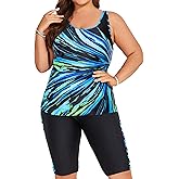Hanna Nikole Women's Plus Size Tummy Control Tankini Swimsuits Color Block Bathing Suits with Shorts Knee Length