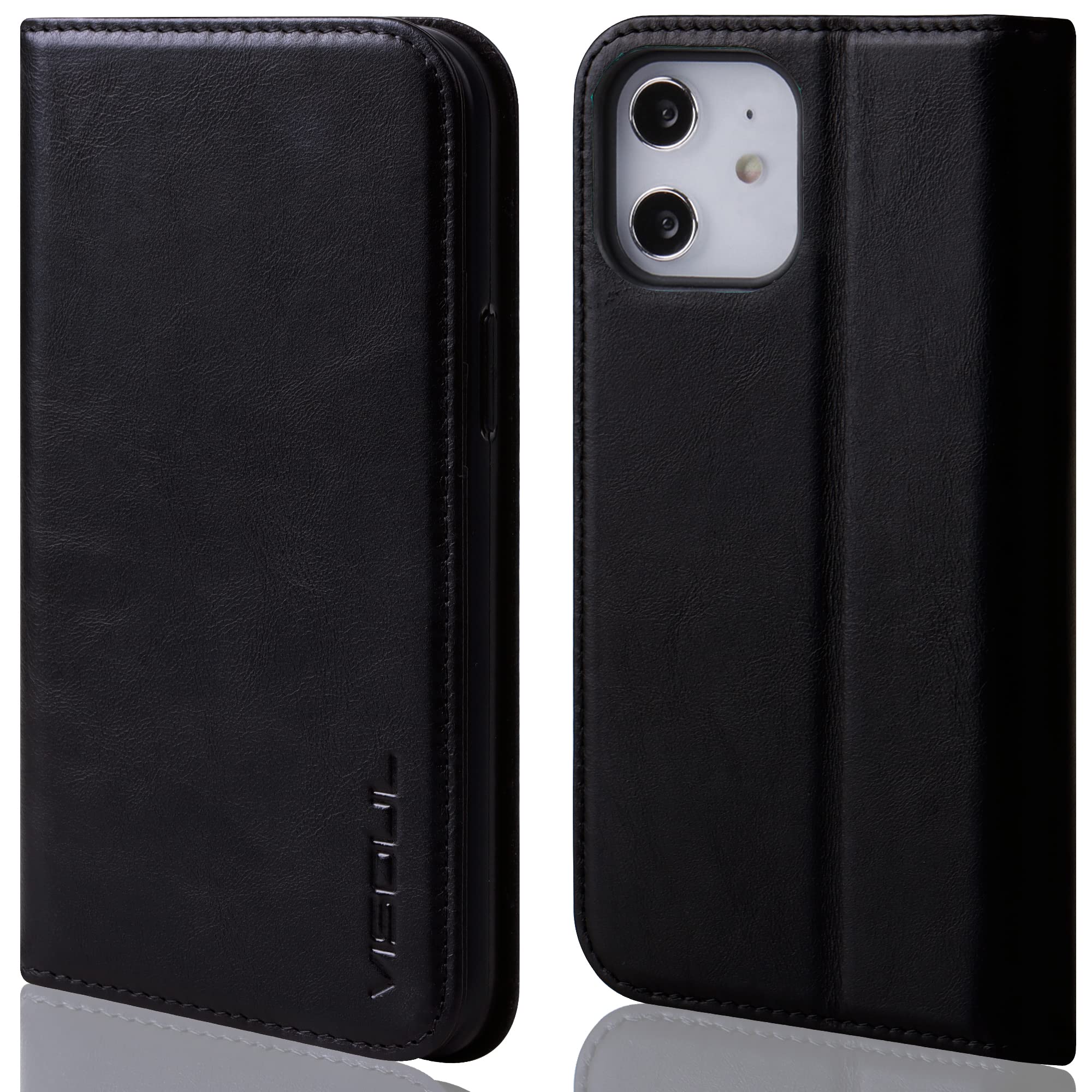 VISOUL Case for iPhone 12 Pro/iPhone 12 Case, Genuine Italy Leather Magnetic Closure Book Stand Wallet Cover with Card Slots Shockproof For Flip Folio Protective iPhone 12/Pro Case 6.1" Black