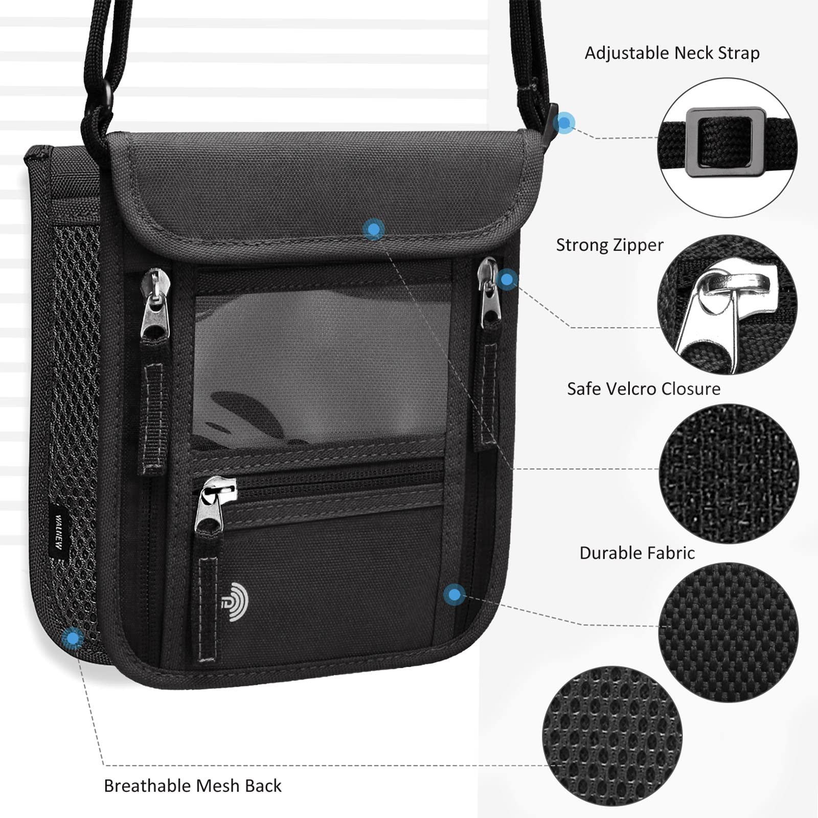 WALNEW Passport Holder Neck Pouch Travel Wallet for Women and Men, RFID Blocking Security Slim Traveling Wallet with Around Neck Lanyard Strap
