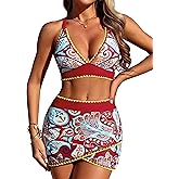 ZAFUL Women's High Waisted Bikini with Skirt Whip Stitch 2 Piece Swimsuits Tummy Control Bathing Suit