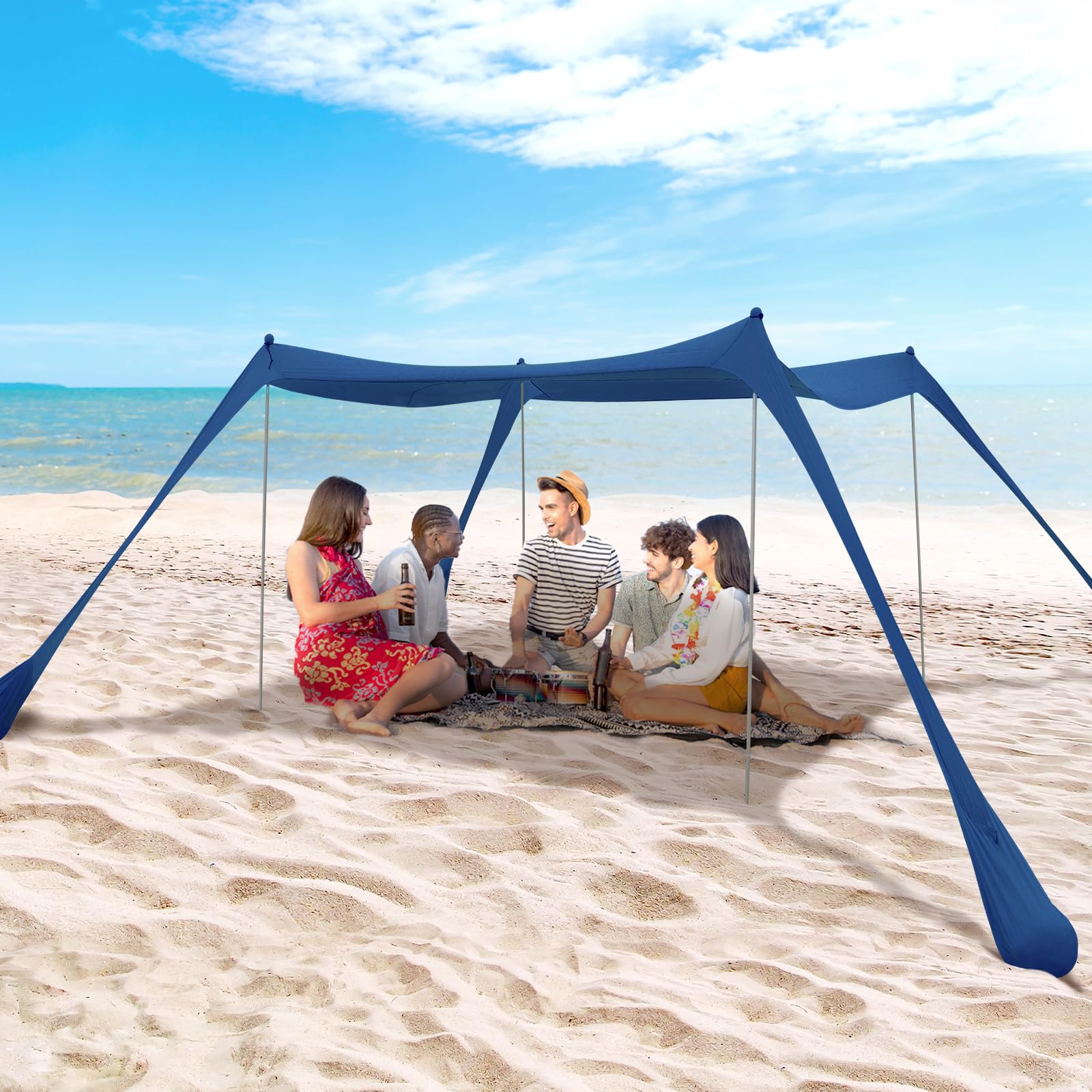 Photo 1 of BOTINDO Family Beach Tent Canopy Sun Shade, Pop Up Grande Beach Tent Sun Shelter Stability 4 Poles with Portable Carry Bag Outdoor Shade for Fishing Backyard Camping