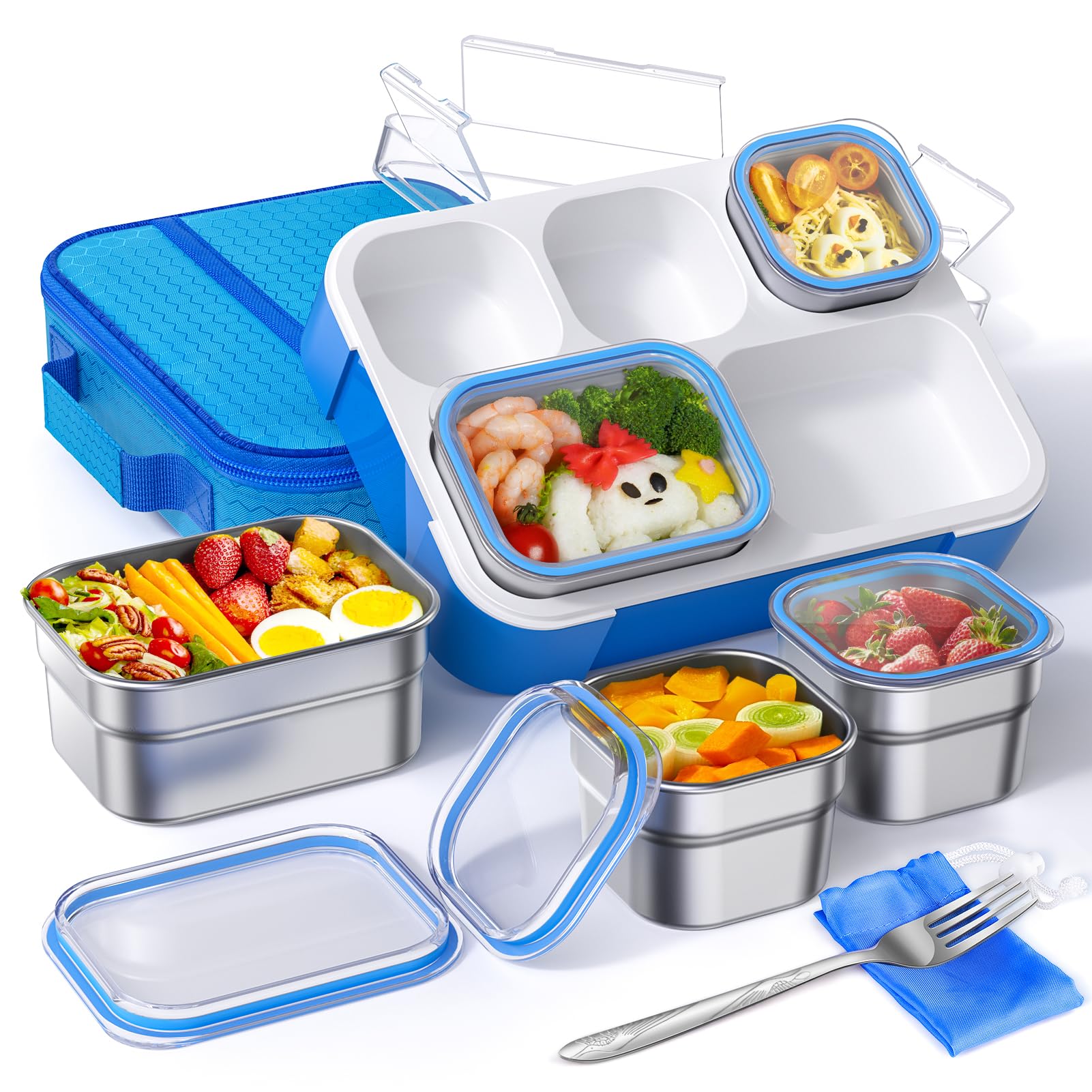 Photo 1 of TIME4DEALS Bento Box Stainless Steel Lunch Box Set with for Lunch Bag Kids Adult 5-Compartment Leakproof Insulated Lunch Containers with Utensils for School Works, Metal Lunchbox Tray BPA-Free (Blue)