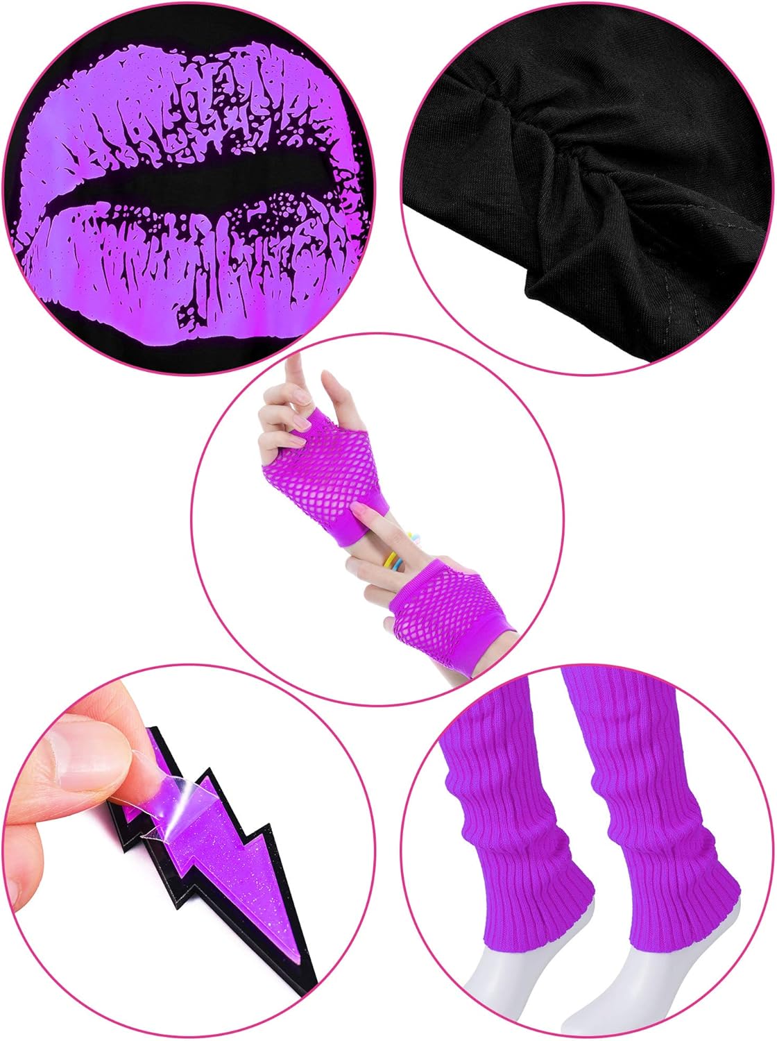 80s Costume Accessories Set T-Shirt Tutu Headband Earring Necklace Leg Warmers: Clothing