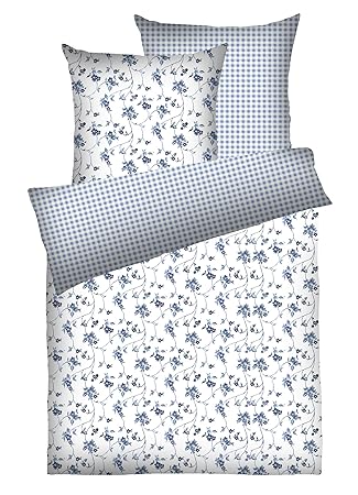 Dyckhoff Weichfrottier Bettwäsche Garnitur Blumenranken Blau Größe 155 x 220 cm (80 x 80 cm)