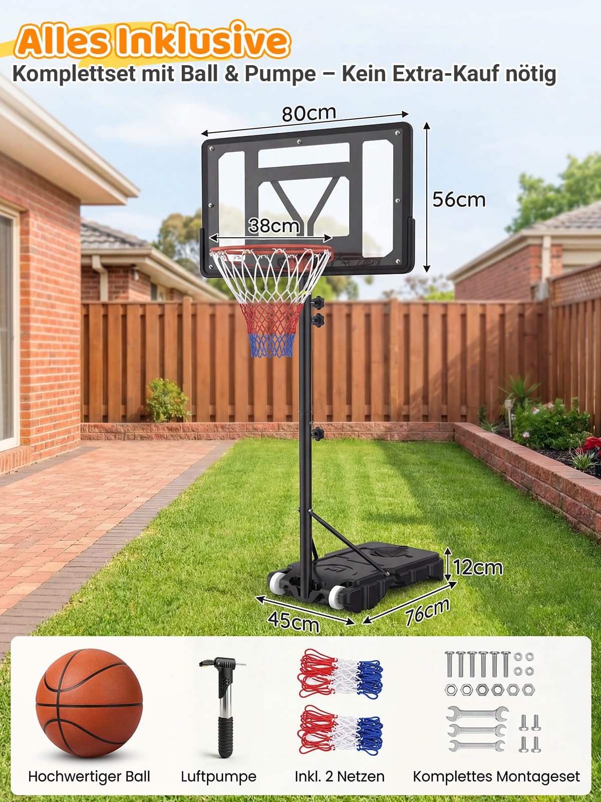 vcloo Basketballkorb Outdoor für Kinder: 155-210 cm Höhenverstellbar für Kinder 4-14 Jahre - Inkl. 2X Netze, Basketball & Pumpe - Basketballkörbe mit Ständer für Indoor Outdoor Garten Hof Garage 7