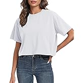 PRIMODA Women's Oversized Workout Cropped T Shirts Crew Neck Short Sleeve Casual Loose Summer Crop Tee Tops Cotton