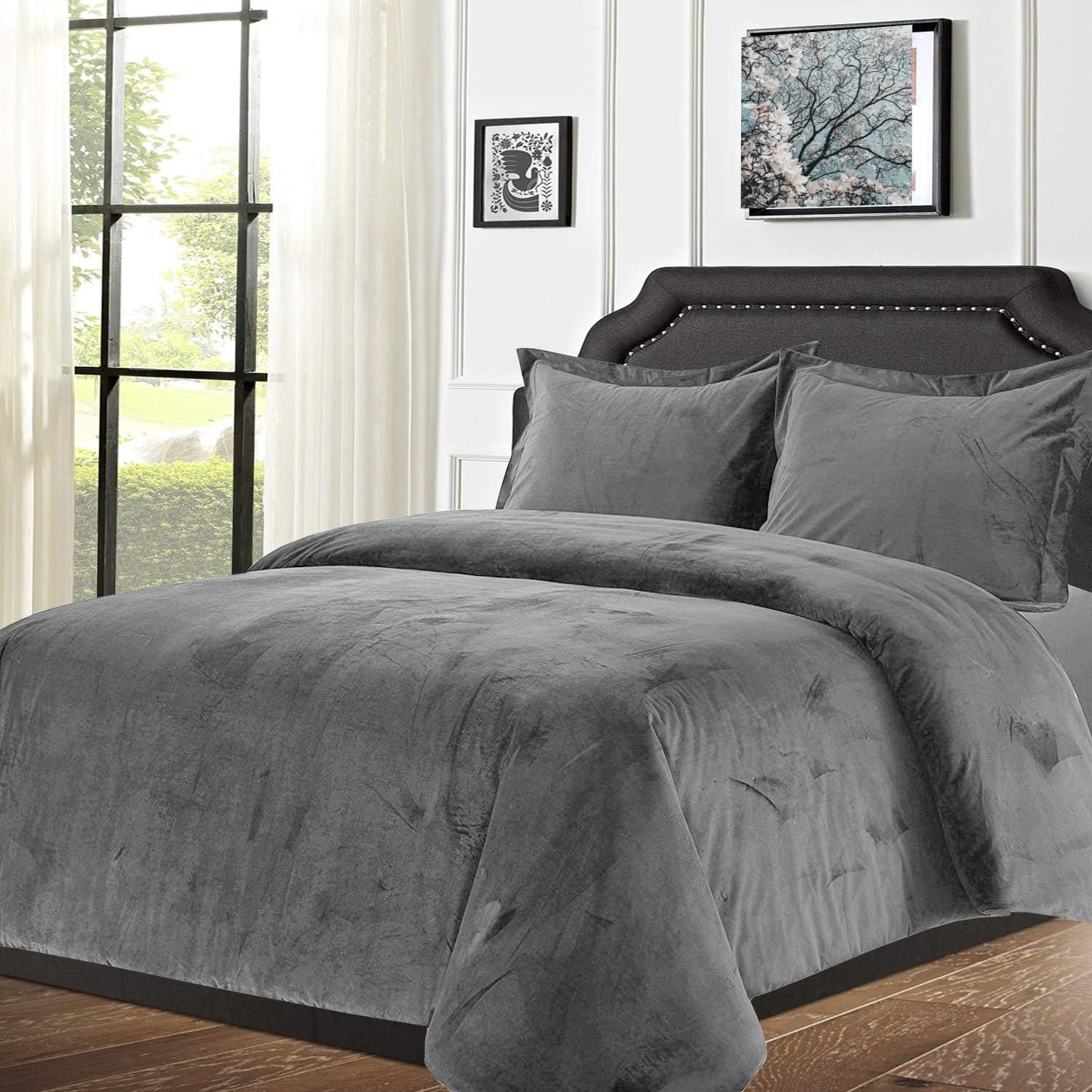 Oxford Homeware Velvet Grey Bedding Double Quilt Duvet Cover Set Thick