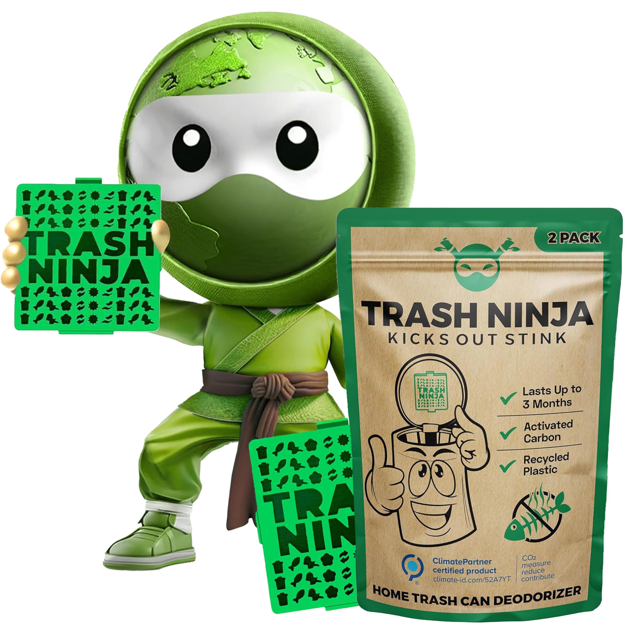 Trash Ninja Trash Can Deodorizer and Odor Eliminator (2 Pack) for Indoor Trash Cans Up to 10 Gallons, Made with Natural Activated Carbon - Lasts Up to 3 Months - Garbage Can Deodorizer to Control Odor
