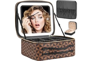 Extrei Gent Makeup Travel Train Case with Mirror LED Light 3 Adjustable Brightness Large Cosmetic Bag Portable Storage Adjustable Partition Waterproof Makeup Brushes Make up Jewelry Gift for Women