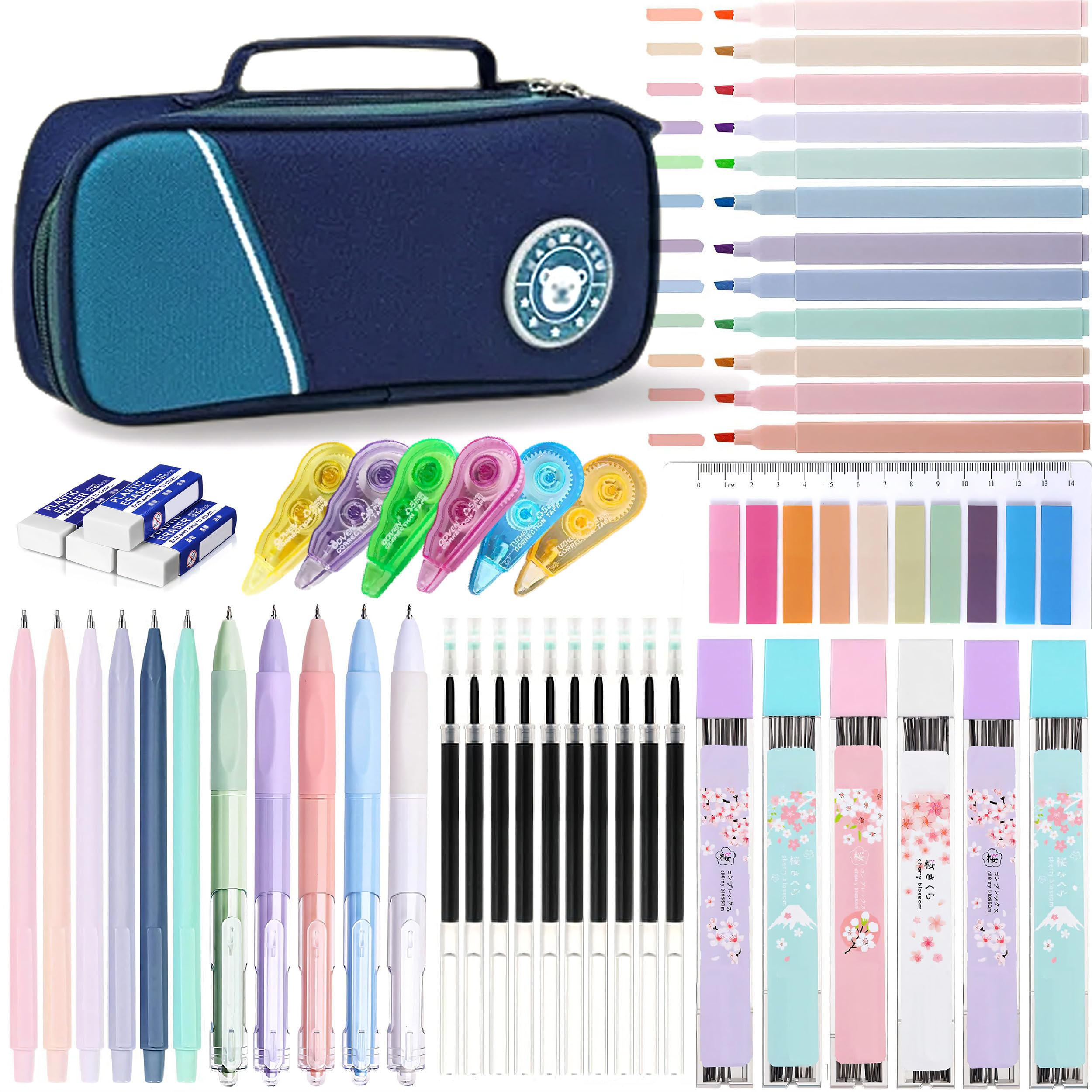 Photo 1 of 46 Pcs Large Capacity Pencil Pouch with Aesthetic School Supplies, 12 Pastel Highlighters, 5 Black Ink Gel Pens, 6 Mechanical Pencils Set 0.5 & 0.7mm, Sticky Notes, Stationary Set for Student (Green)