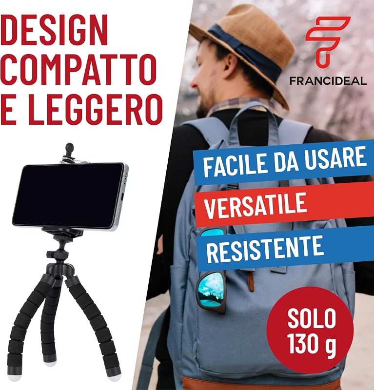 FRANCIDEAL - Cavalletto per Smartphone con Gambe a Polipo, Testa 360°, Compatto e Leggero