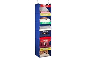 HANDY LAUNDRY Weekly Clothes Organizer for Kids - 6-Shelf - Hanging Closet Daily Clothing Organization Labeled Shelves with Days of The Week Monday Through Friday, Weekday and Weekend (Blue)
