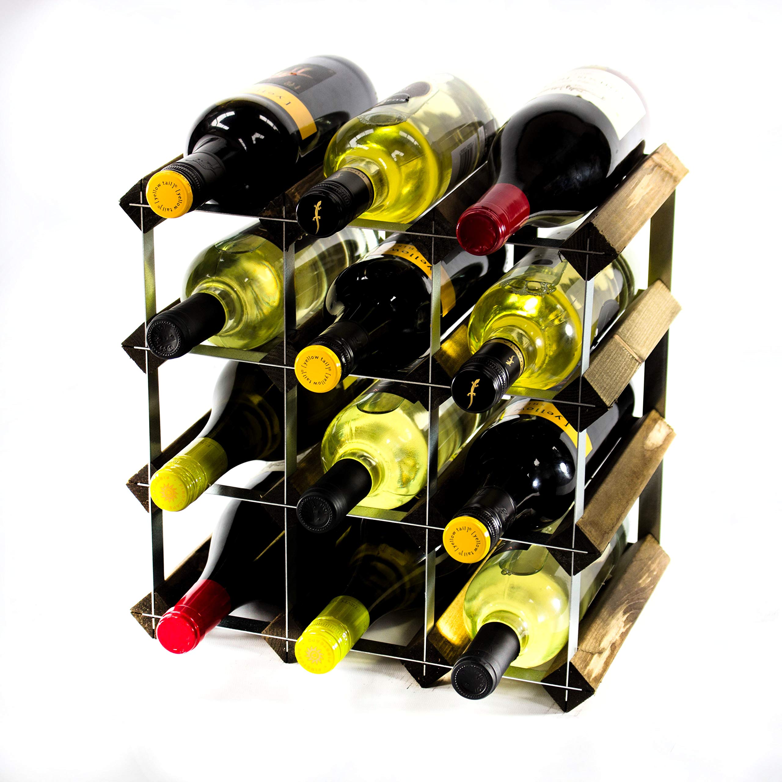 Classic 12 Bottle Dark Oak Stained Wood and galvanised Metal Wine Rack self assembley