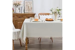 Fantastshop Linen Rectangle Tablecloth with Tassels - Heavy Duty Farmhouse Style Table Cloth - Cotton Linen Wrinkle Resistant