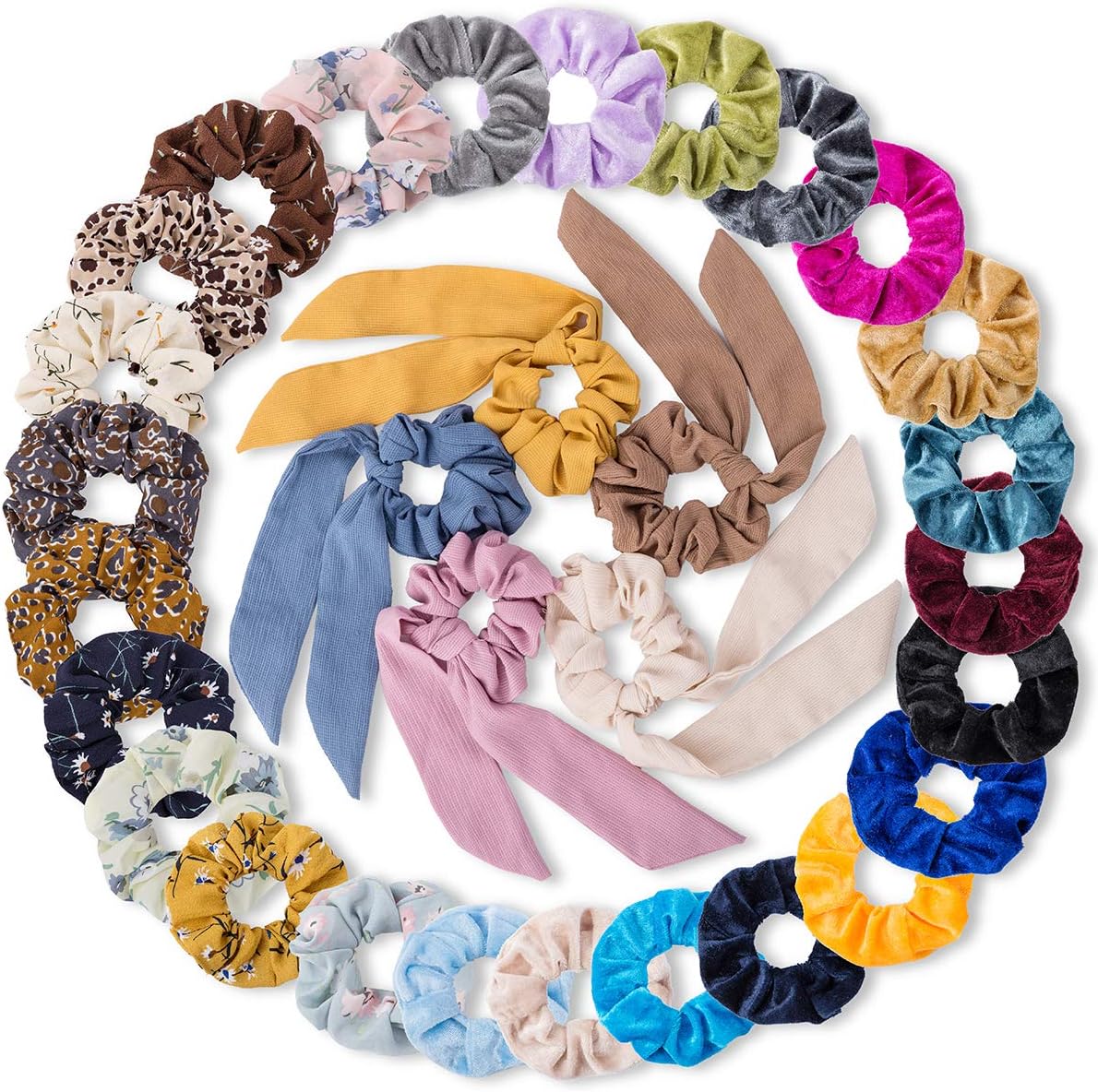 30 Pcs Hair Scrunchies, 15 Pcs Velvet Elastics Bobbles Hair Bands, 10 Pcs Chiffon Flowers Elastic Hair Bands, 5 Pcs Ribbon Scrunchy Hair Ties Hair Accessories for Girl Women(30 Pcs/30 Colors)