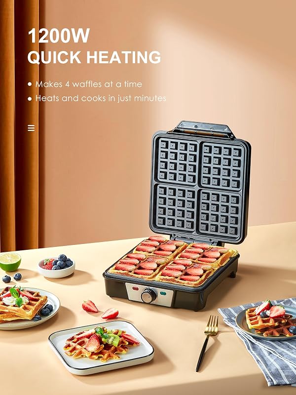 máquina de waffles, máquina de waffles para 4 waffles, 1200W de calor rápido e estável, máquina de waffles com revestimento de placa de aquecimento antiaderente, regulação contínua da temperatura, fácil de armazenar