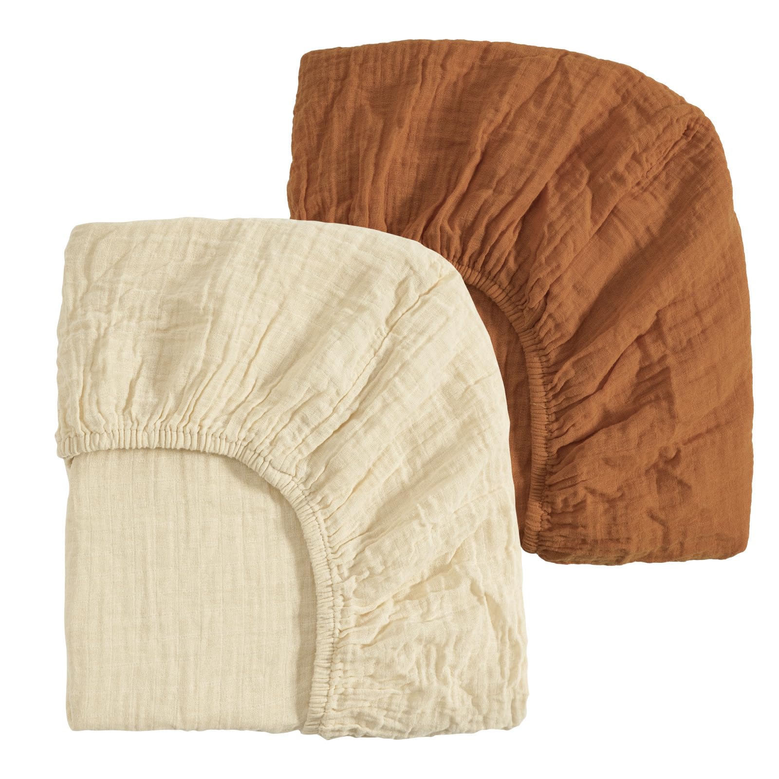 Photo 1 of david's kids Muslin Mini Crib Sheets, 2 Pack Cotton Pack N Play Sheets for Boys Girls Neutral, Soft Breathable Baby Sheets Fit Pack N Play, Playard and Mini Crib Mattresses, Beige & Brown