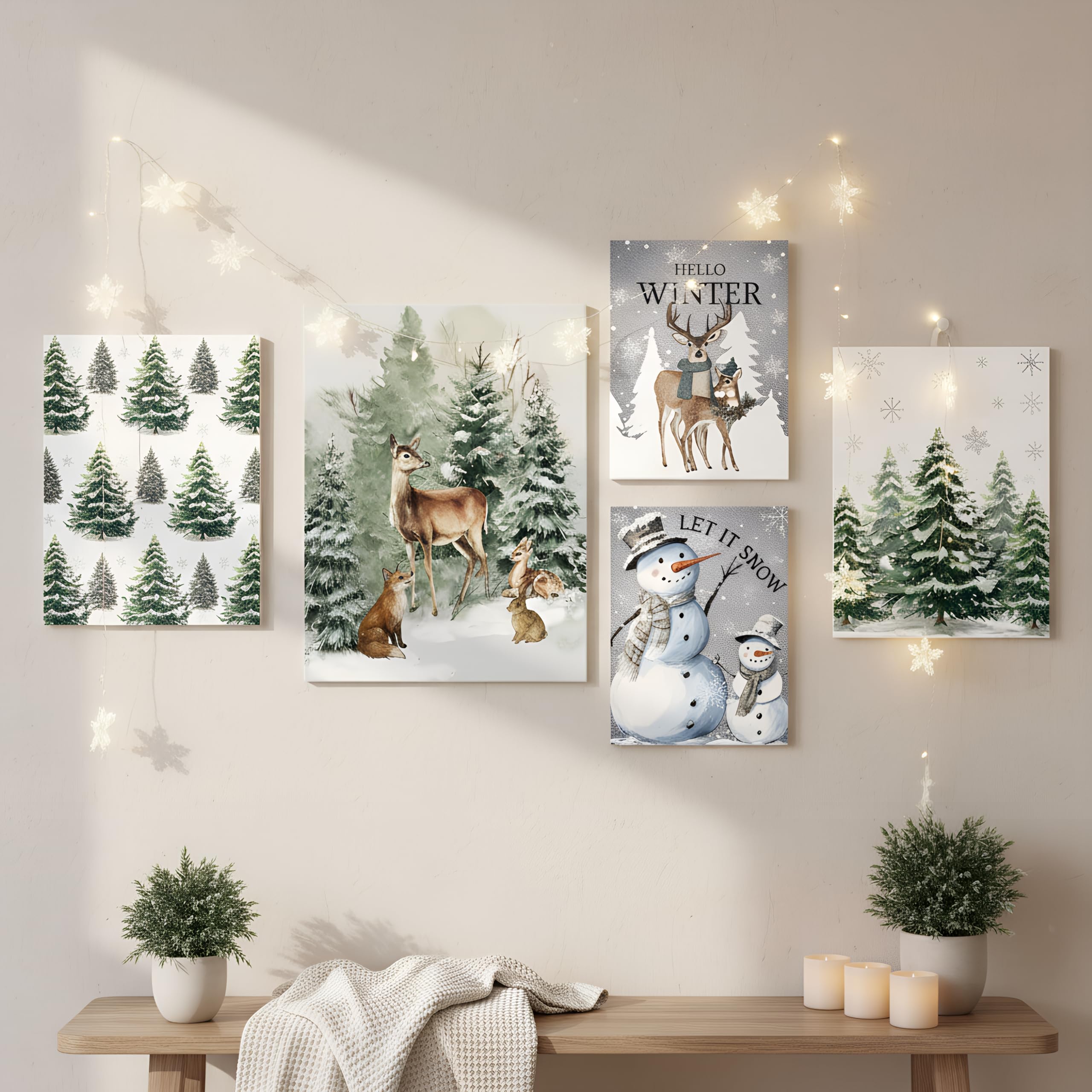Photo 1 of ForraFun 5 Pcs Winter Canvas Wall Art Snowman Winter Scene Pictures Rustic Let It Snow Prints Wall Decor Pine Tree Reindeer Snowy Prints for Living Room Bedroom Indoor Home Artwork Decorations