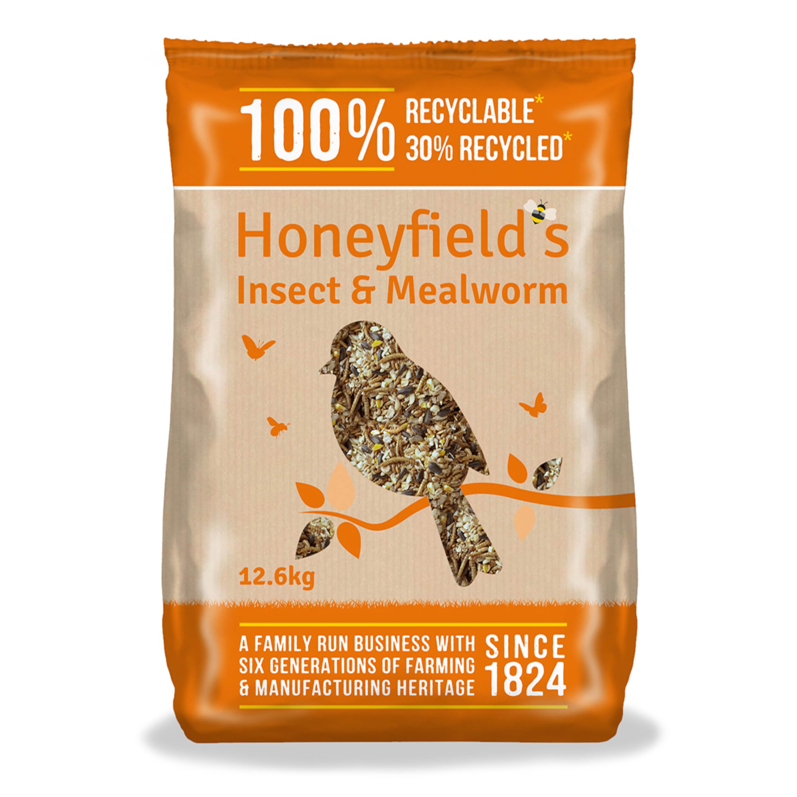 Wild Bird Food for Small Birds - Wild Bird Seed Mix with Dried Mealworms for Wild Birds, Made with Wheat and Sunflower Seeds, High in Energy and Protein (12.6kg) - Honeyfield’s