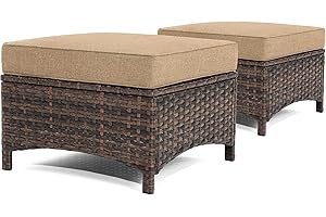HILLGA Luxury 2PCS Patio Ottomans Footrest, Premium Wicker Steel Frame Outdoor Fabric, Comfortable Cushions, for Garden, Porch, Backyard and Deck (Beige)