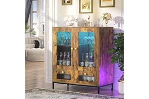 Hyomdeck Sideboard Buffet Cabinet with Storage, Wine Cabinet with Power Outlet & LED Light, Kitchen Storage Cabinet with Drawers, Liquor Coffee Bar Cupboard Buffet Table for Dining Room Rustic Brown