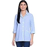 Woven Yarn Dye Button Front Blouse Wire Collar Front Pocket