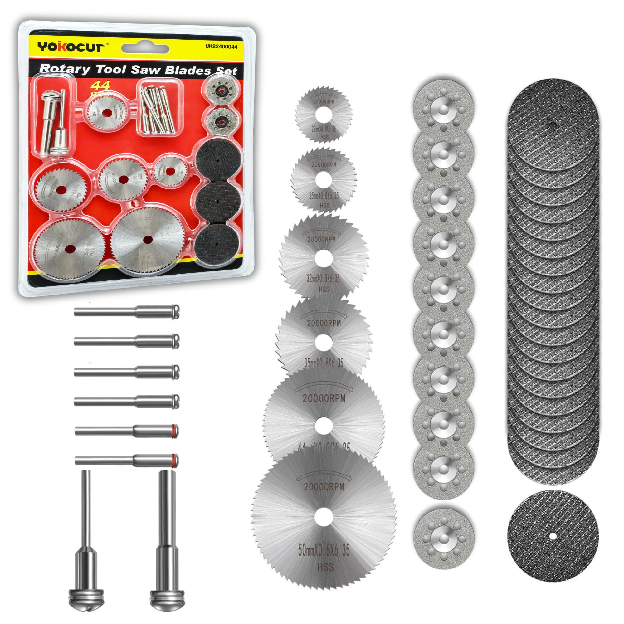 YOKOCUT 44Pcs Rotary Drill Saw Blades Set, HSS & Diamond Cutting Discs, Mandrels, Compatible with Dremel, Wood, PVC, Aluminum, Soft Metal, Marble, Ceramics