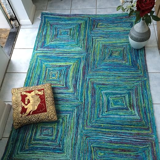 GD Home Recycled Sari Silk Rug, 120 x 180 cm, Blue/Green Amazon.co.uk Kitchen & Home