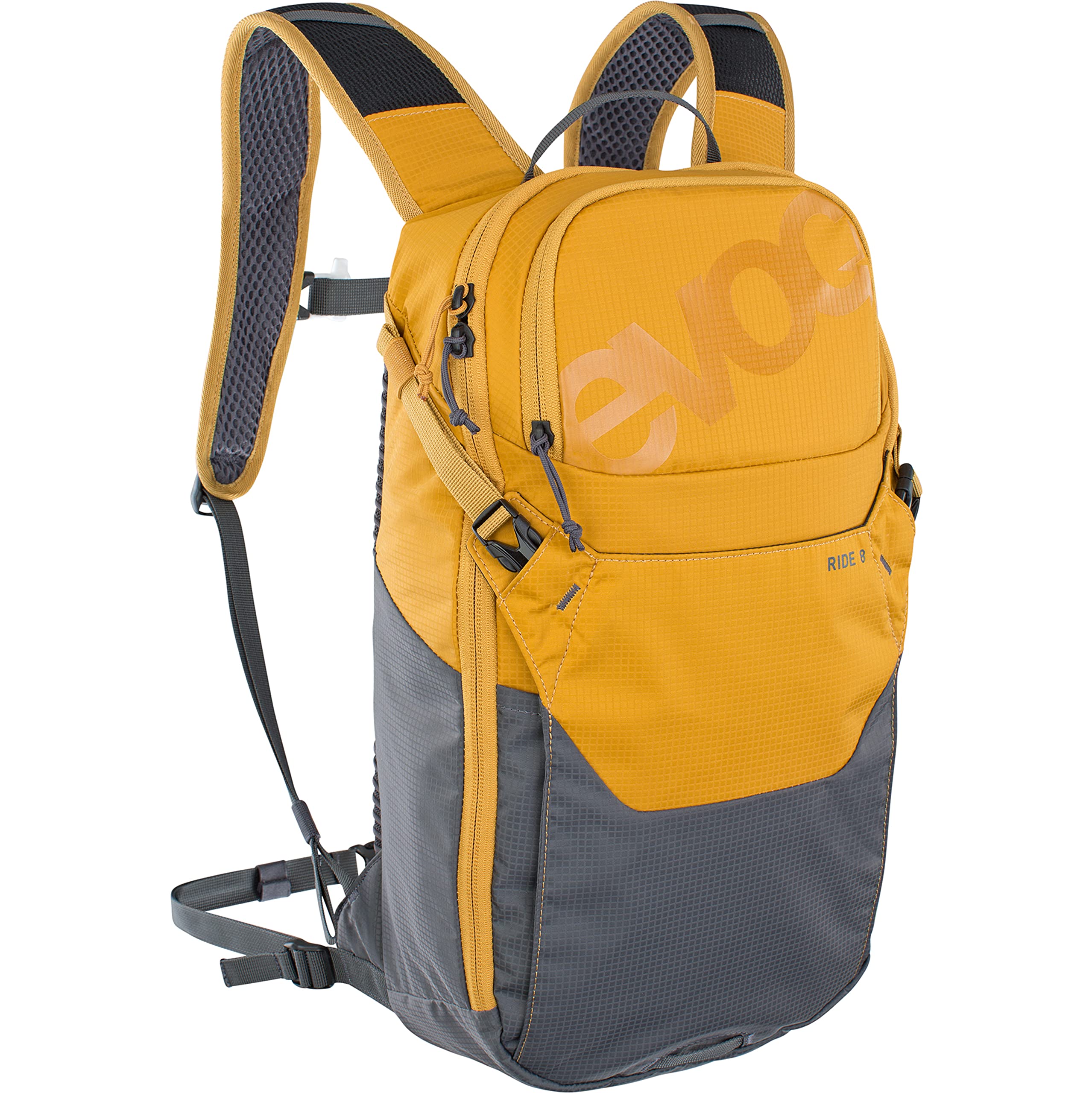 EVOC RIDE 8 Bike backpack for trails and other activities (clever pocket management, ventilated with AIR-PAD back padding, incl. 2l HYDRATION BLADDER), Clay Yellow/Carbon Grey