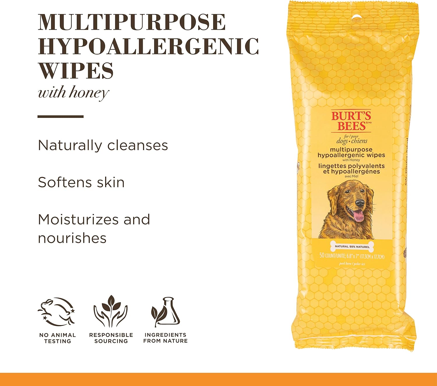 Burt's Bees For Dogs Multipurpose Grooming Wipes | Puppy and Dog Wipes For Cleaning, 50 Count, FF7488