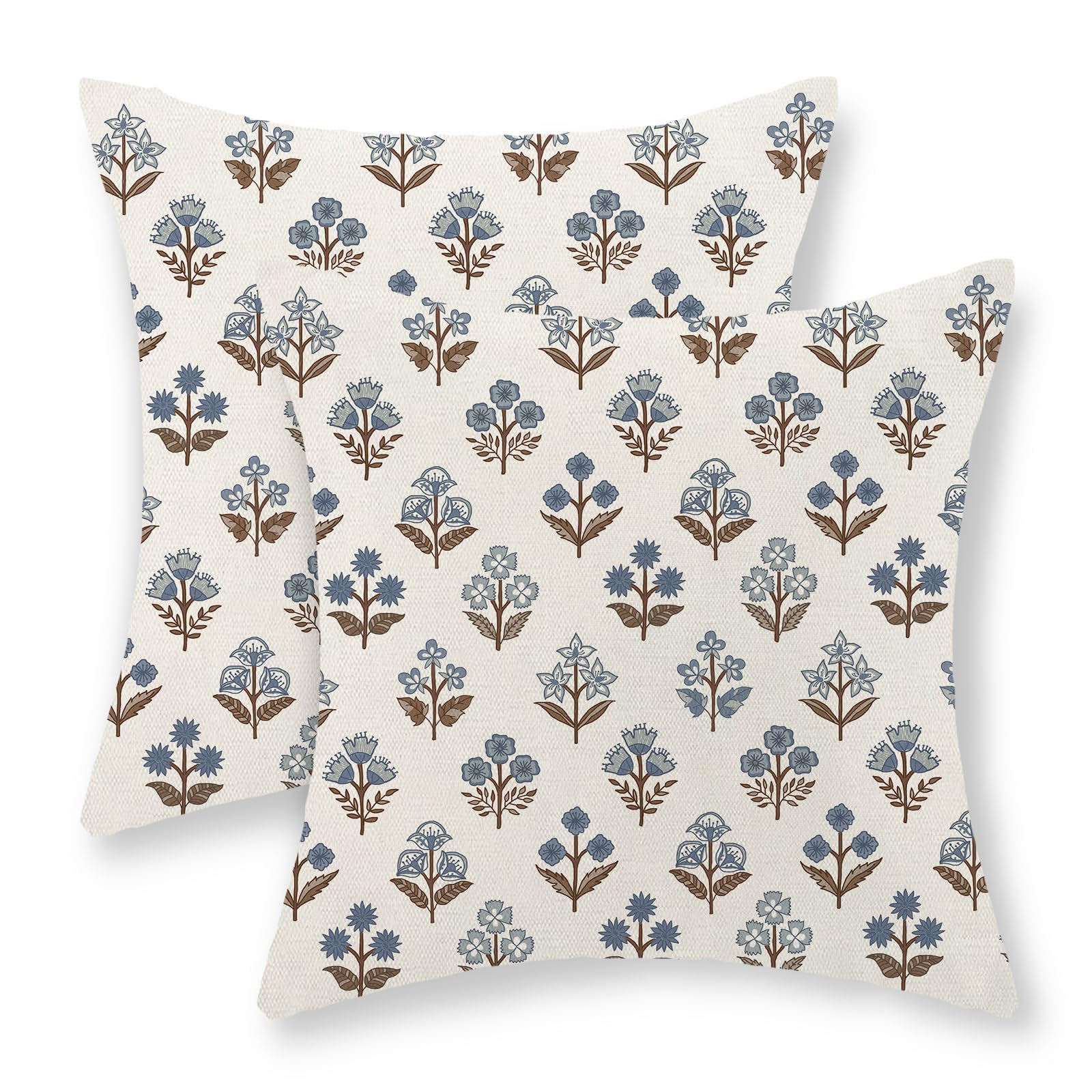 Photo 1 of GOLIANDA Brown Blue Pillow Covers 18x18 Set of 2 Boho Block Print Floral Pillow Cases Vintage Flower Pattern Decorative Throw Pillows Linen Outdoor Decor Farmhouse Cushion Cover for Couch Sofa Bed