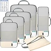 BAGAIL 6 Set Lightweight Compression Packing Cubes with Packing List, Anti-Tearing Expandable Organizer Bags for Travel, Beige