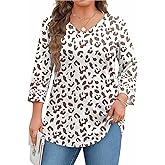 IN'VOLAND Womens Plus Size Tops 3/4 Length Sleeve Shirts Dressy Casual V Neck T Shirts Loose Summer Business Work Blouses