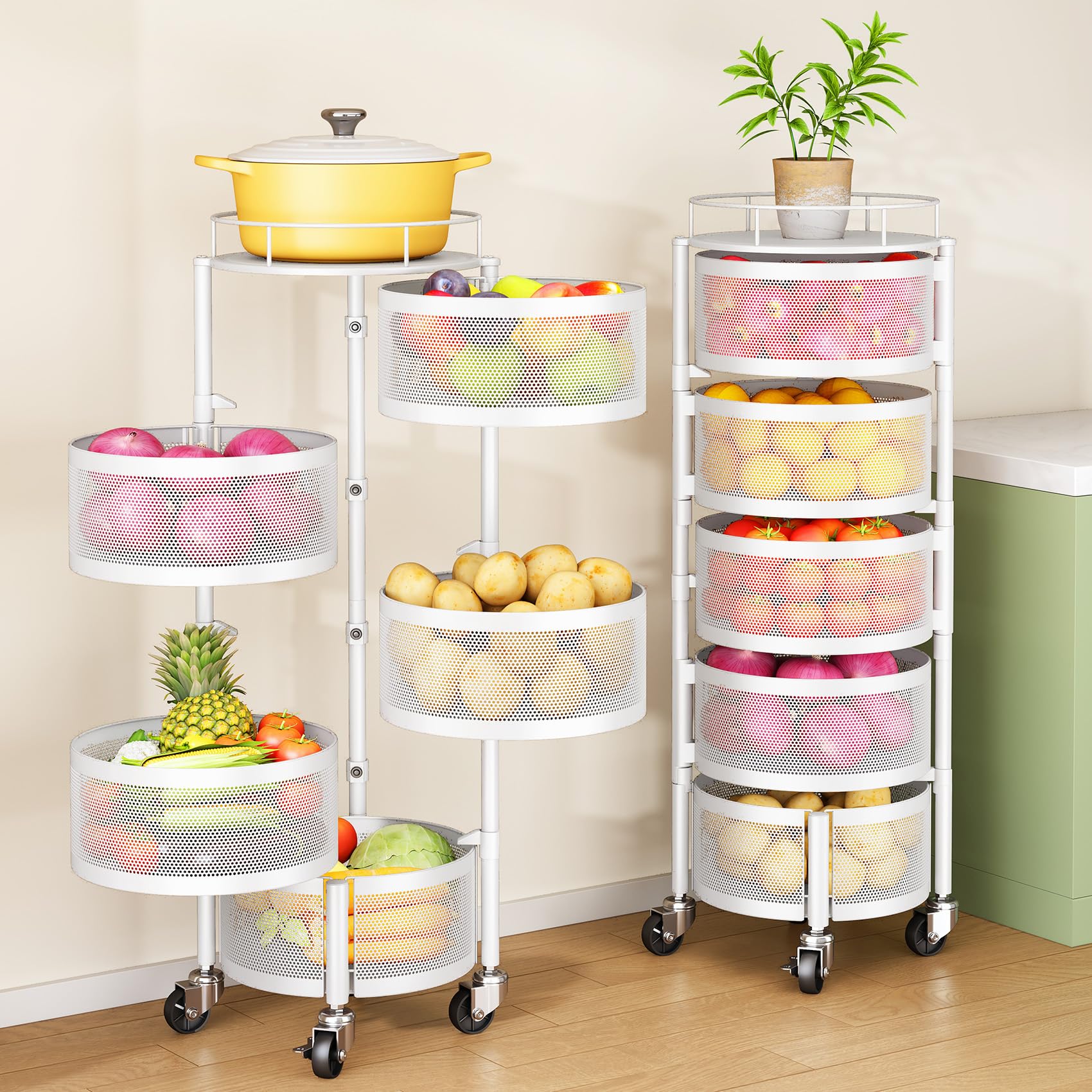 Photo 1 of SNTD Fruit and Vegetable Basket Bowls for Kitchen with Metal Top Lid, 5 Tier Rotating Storage Rack Cart for Potato Onion Banana, Wire Basket Organizer on Wheels, Large (White)