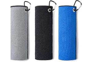 Husfunov 3 Pack Golf Towels(16" X 16") with Carabiner Clip,Microfiber Fabric Waffle Pattern Towels for Golf Bags,Tri-Fold Portable Towels for Men Women,Blue/Black/Gray
