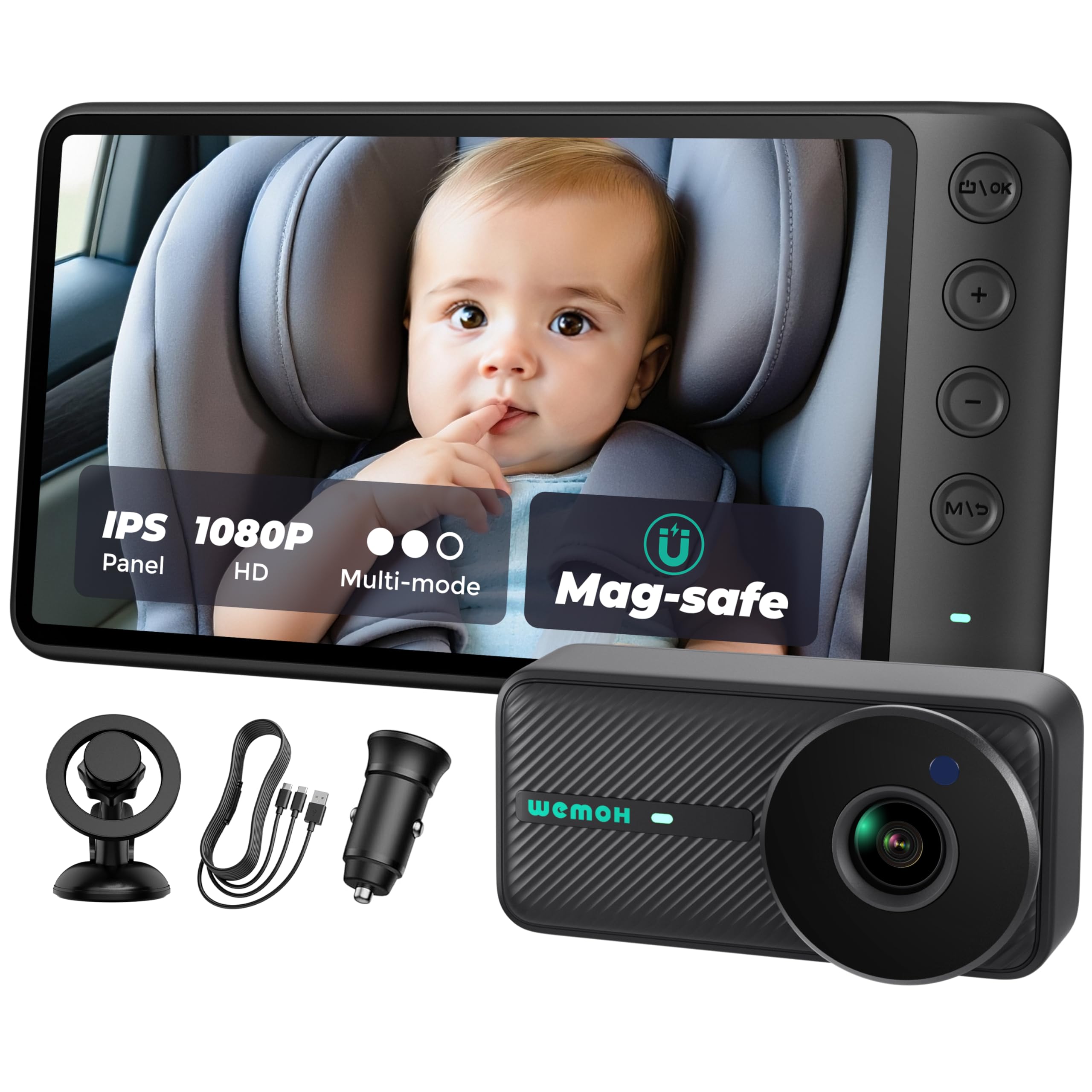 Photo 1 of WEMOH NO.1 Magnetic Baby Car Camera, 5'' 1080P IPS Magnetic Mount Monitor, Auto Night Vision, 360° Rotation Car Camera for Baby with Zoom & Mirror Mode, USB-Powered Baby Monitor for Rear Facing