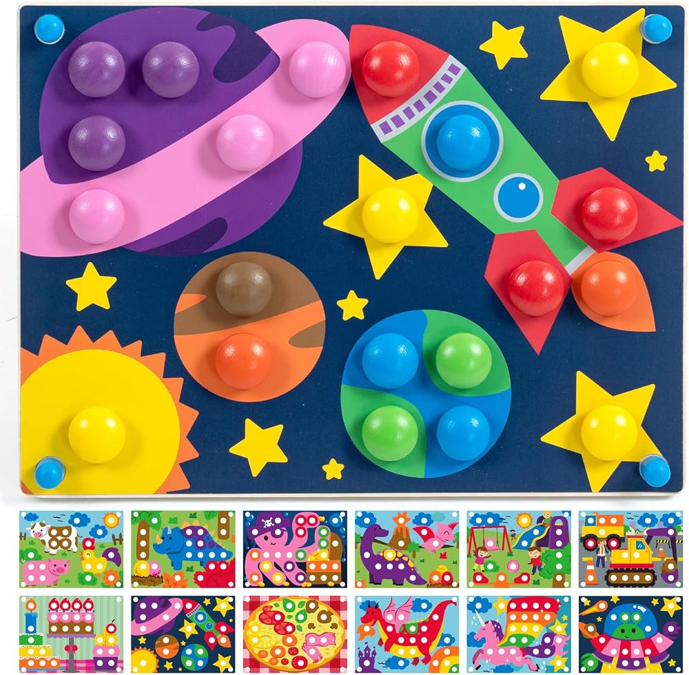 Nene Toys Wooden Color Matching Button Board 48 Buttons 8 Colors Montessori