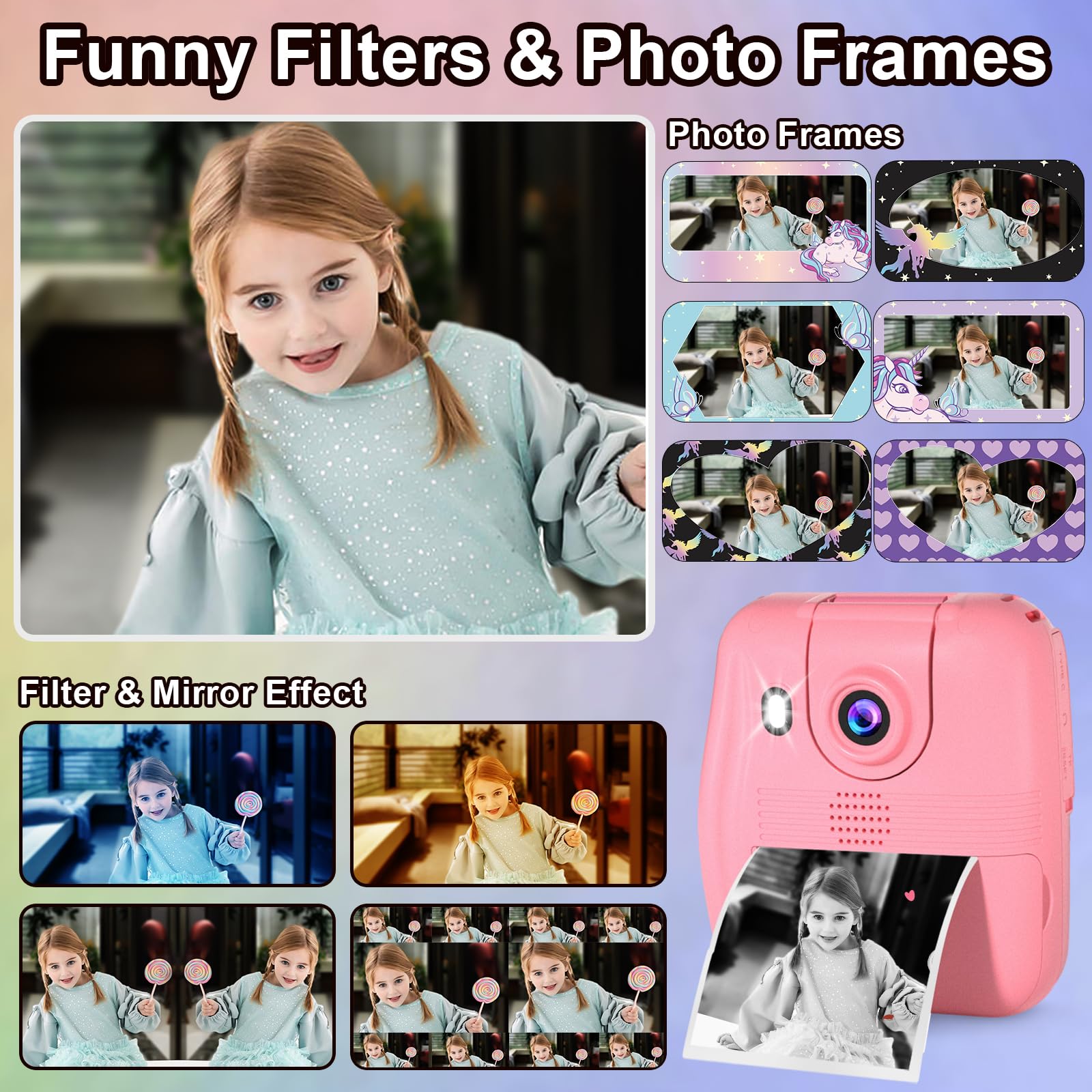 GKTZ Kids Camera Instant Print - 1080P HD Instant Print Photo - Christmas Birthday Gifts for Age 4 5 6 7 8 9 10 Girls Boys - Portable Toy with 32GB Card, 3 Rolls Photo Paper, 5 Color Pens - Pink