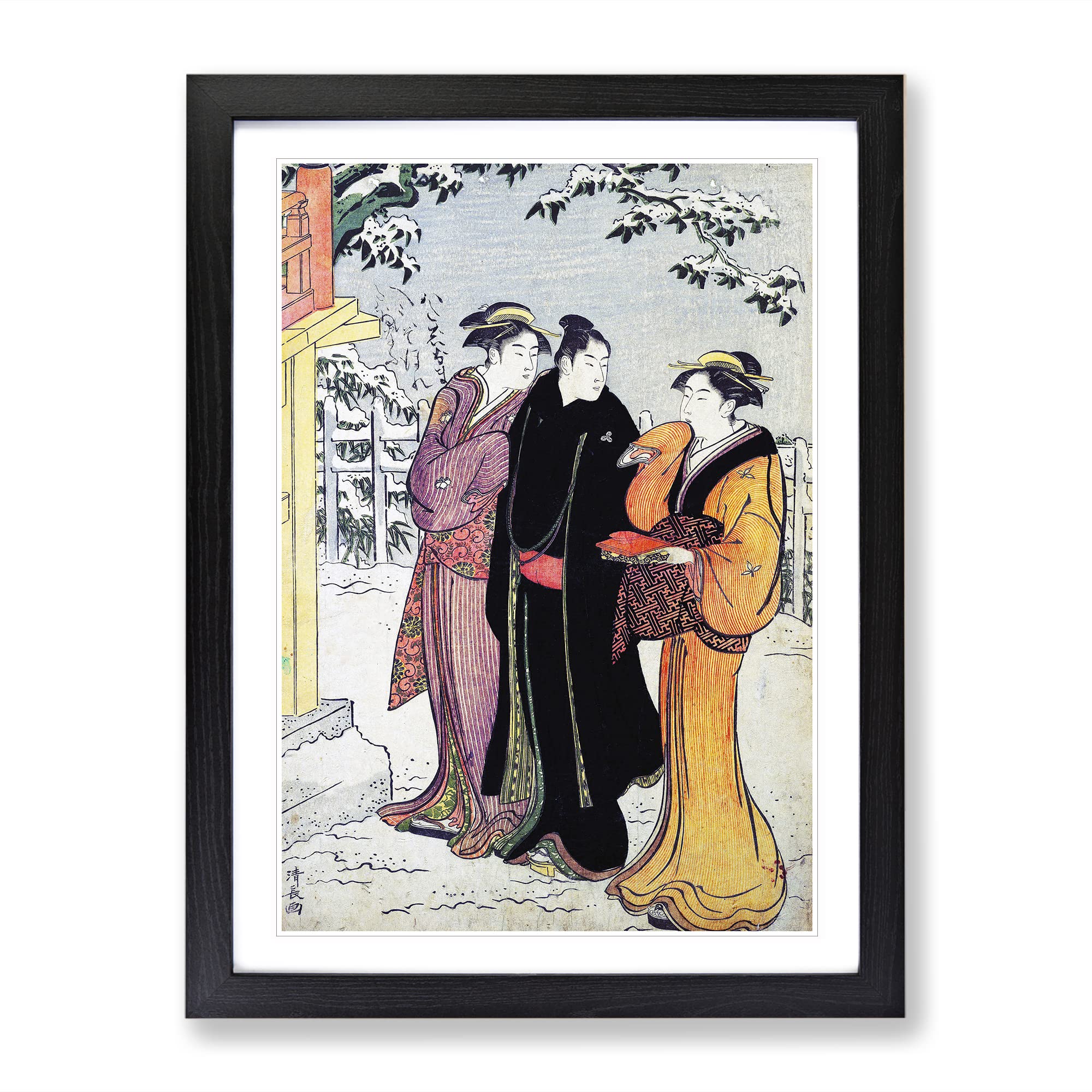 Approaching A Temple By Torii Kiyonaga Asian Japanese Framed Wall Art Print, Ready to Hang Picture for Living Room Bedroom Home Office Décor, Black A4 (34 x 25 cm)