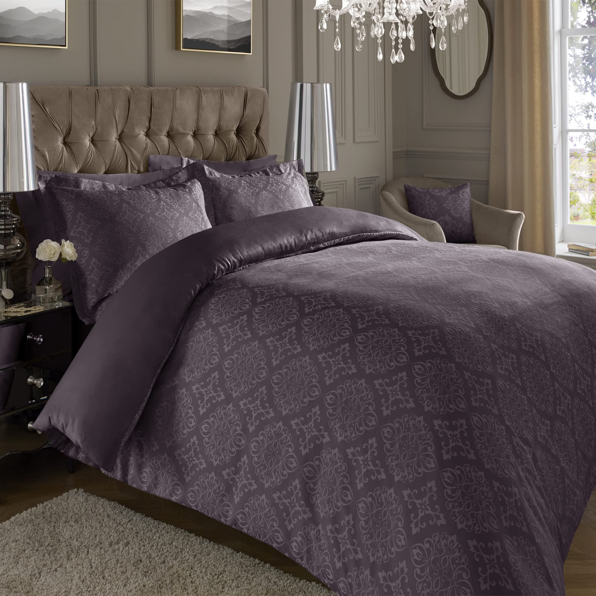 ED Luxury 600 Thread Count Jacquard Duvet Cover 3 Piece Set | Super Soft Cotton Rich & Warm Bedding | Damask Pattern Quilt Cover (Super King, Plum Damask)
