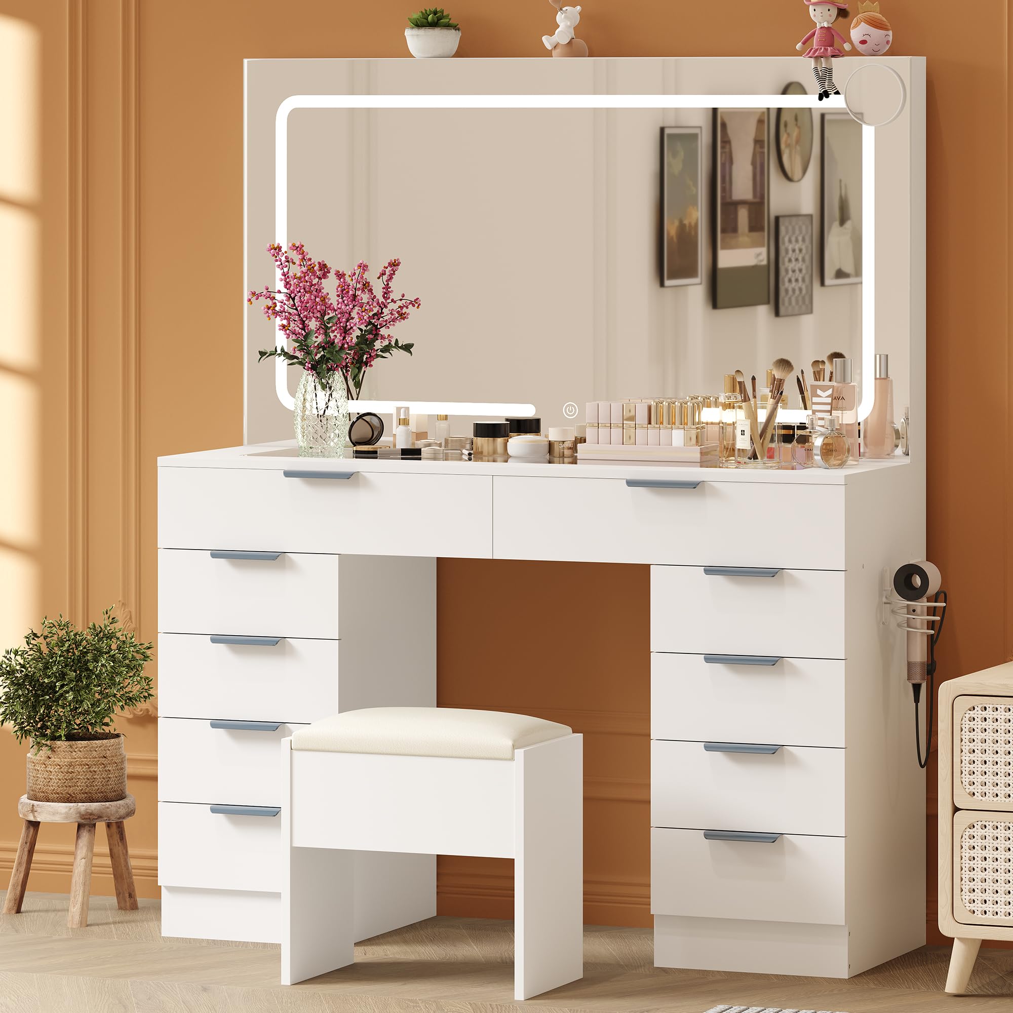 Photo 1 of [Stock Photo Similar but not same] Vanity Desk with Large Mirror and Lights, Makeup Vanity Desk Set with Power Outlet, Stool, 10 Drawers Storage, Magnifying Glass, Hairdryer Holder, 3 Lighting Color Adjustable for Bedroom (White)