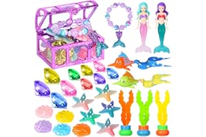 VGOFUN Diving Pool Toys for Kids Ages 3-12, 31 Pcs Mermaid Pool Toys, Diving Gem Toys with Pirate Treasure Chest, Summer Underwater Game Toys Swimming Training Gift for Boys Girls with Storage Bag