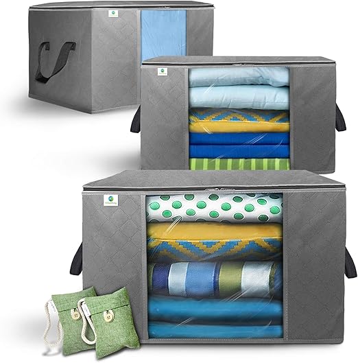 Amazon Com 4cleanliving Closet Storage Bins Set Of 3 Foldable Stackable Closet Organizers Large Clear Windows Sturdy Carrying Handles Grade A Zipper Bedding Linens Clothes Sweater Storage Grey Home Improvement