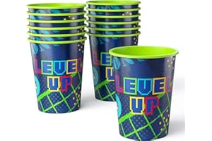 Amscan Pack of 12 Reusable 16 oz Plastic Cups – Durable Party Cups for Kids, Stackable and BPA-Free – Fun Level Up Gaming Theme Design for Birthdays, Parties, Summer & More