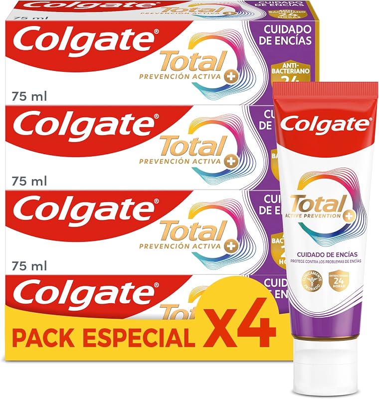Colgate Total Ative Prevention + Pasta de Dentes para Cuidar das Gomas 4x75ml | 3 vezes mais eficaz no combate à causa raiz* dos problemas orais mais comuns