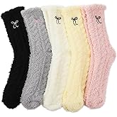 Jspupifip 5 Pairs Women Bow Fuzzy Socks Cozy Fluffy Winter Warm Slipper Socks Thermal Plush Home Sleeping Socks US Size 4-7