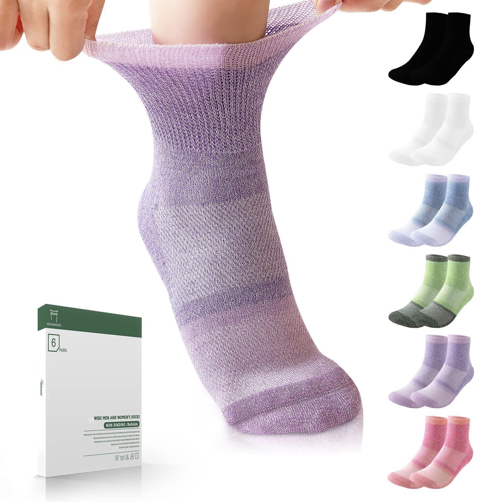 Bulinlulu Bamboo Viscose Diabetic Socks for Women&Men,6 Pairs Non Binding Diabetic Ankle Socks,Wide Socks Size 6-9 9-11