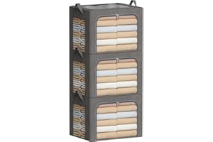 FHSQX Clothes Storage Bins with Metal Frame-3 Pack Foldable Storage Organizer Bin for Clothes Linen Fabric Storage Box with Lid ＆Clear Window (Dark Grey, 15.7x11.8x11.8inch(36L))