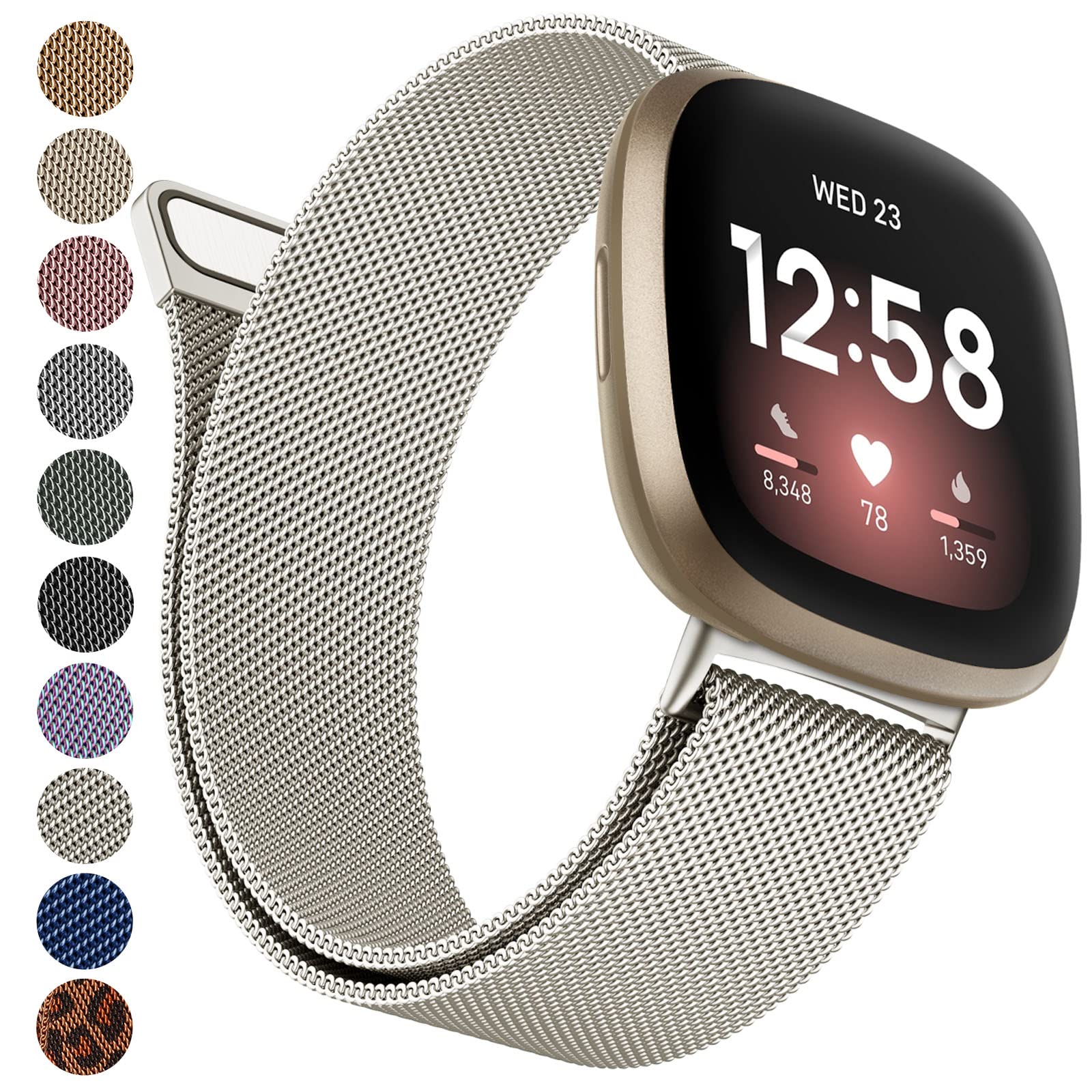 Fitbit Compatible Mesh Loop Wristband - Versa 3/4 & Sense/Sense 2 Strap for Women & Men (Stainless Steel, Starlight, Small)