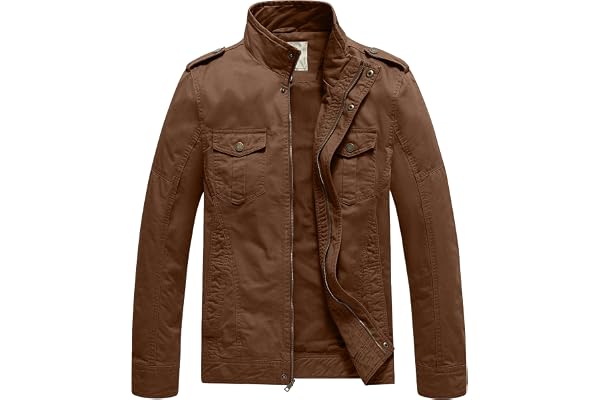 WenVen Men's Casual Washed Cotton Military Jacket | Spring Fall Stand Collar Workwear Canvas Coat